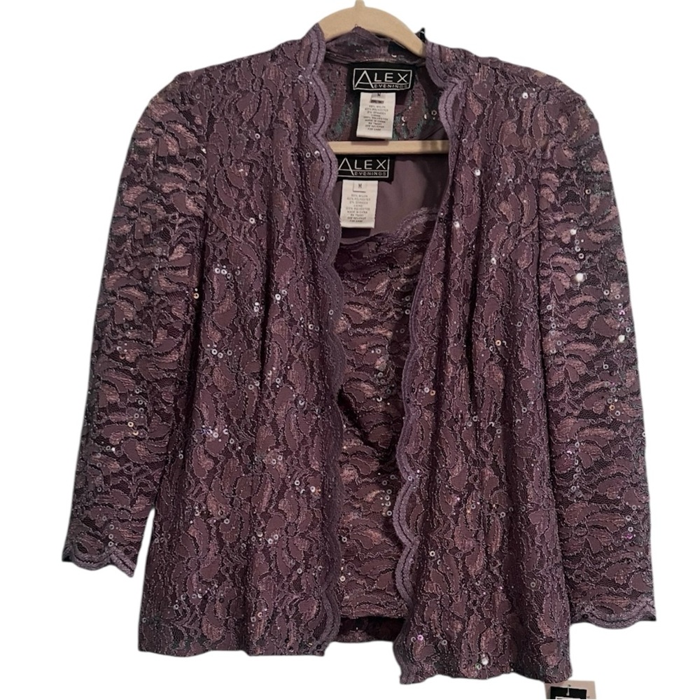 Alex Evenings 2 Pc Set Women Medium Purple Lace Sequin Jacket Tank Top Wedding